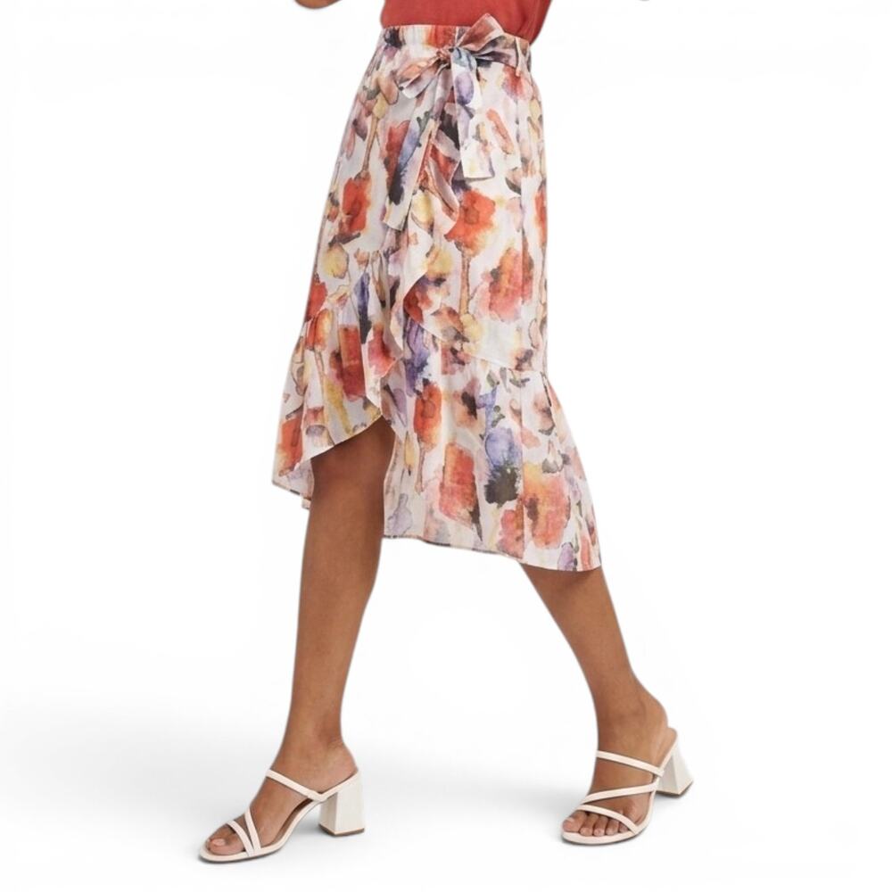 New! PIAZZA DEL TEMPIO Made In Italy Linen Ruffle Trim Floral Wrap Midi Skirt